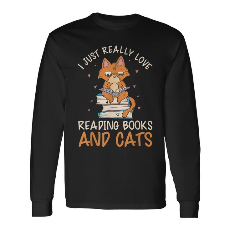 Reading Books And Cats Cat Book Lovers Reading Book Long Sleeve T-Shirt