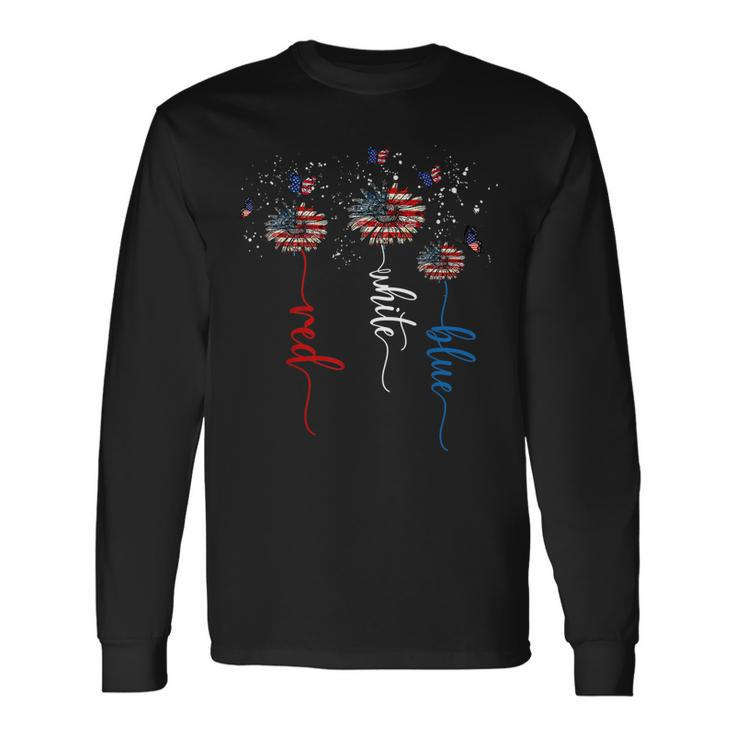 Red White Blue Sunflower Butterfly Patriotic 4Th Of July V2 Long Sleeve T-Shirt