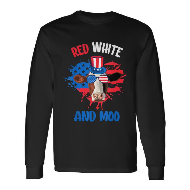 Red White And Moo Patriotic Cow Farmer 4Th Of July Tshirt Long Sleeve T-Shirt