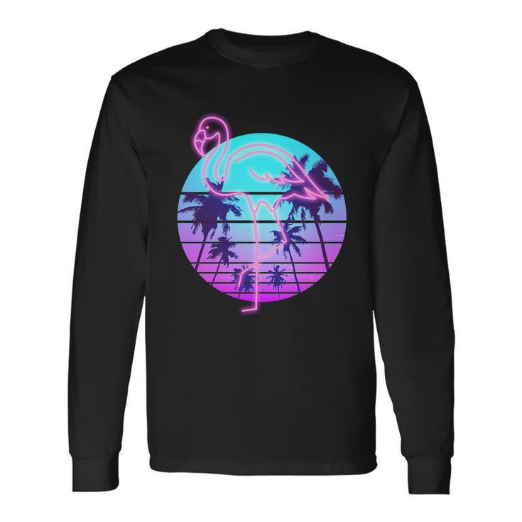 Retro Eighties 80S Neon Flamingo Emblem Long Sleeve T-Shirt