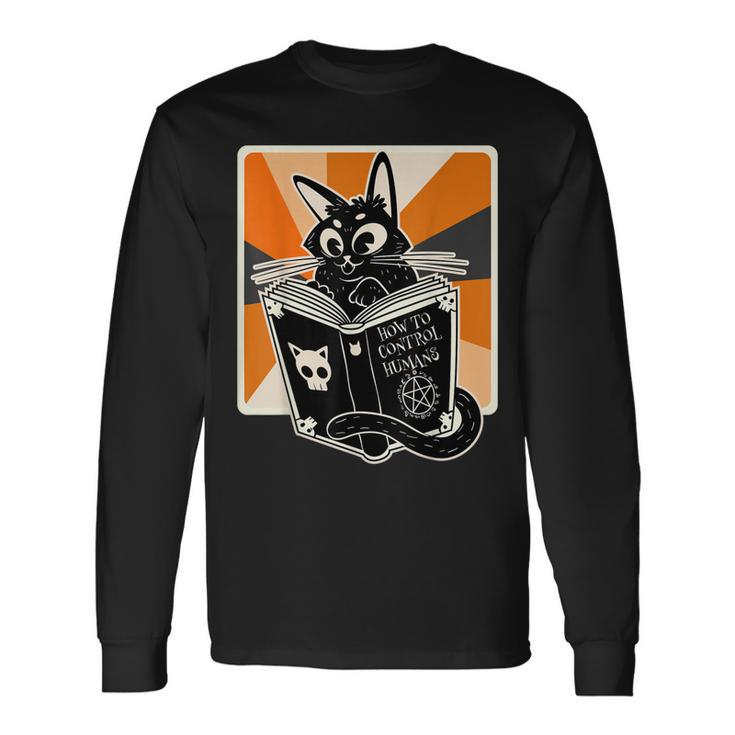 Retro Halloween Black Cat Witch Book Cat Lover Long Sleeve T-Shirt