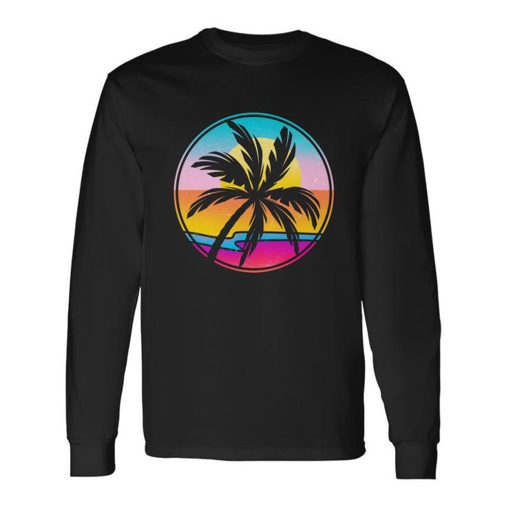 Retro Ocean Sun Palm Tree Emblem Long Sleeve T-Shirt