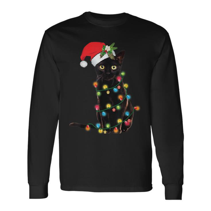 Santa Black Cat Tangled Up In Christmas Tree Lights Holiday Long Sleeve T-Shirt
