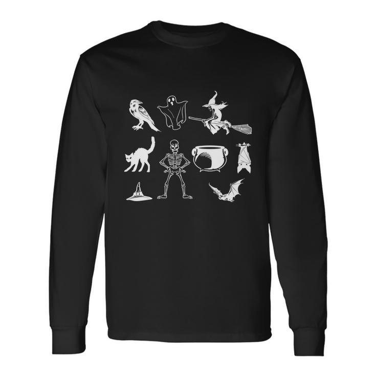 Skeleton Crow Witch Cat Bat Haning Bat Flying Ghost Halloween Quote Long Sleeve T-Shirt