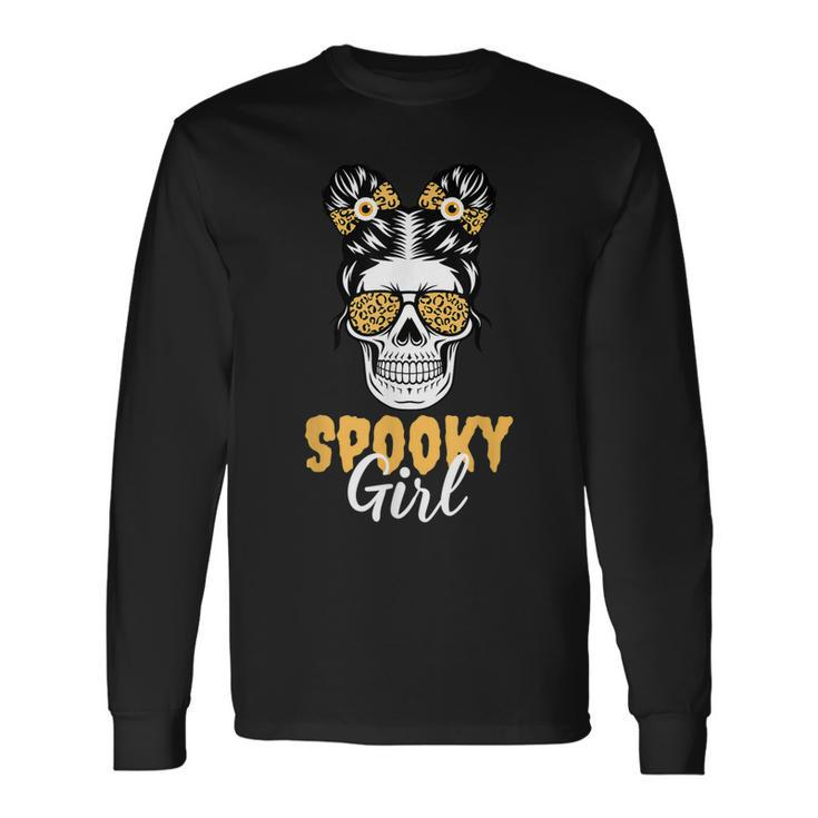 Spooky Halloween Girl Skull Messy Bun Leopard Costume Long Sleeve T-Shirt