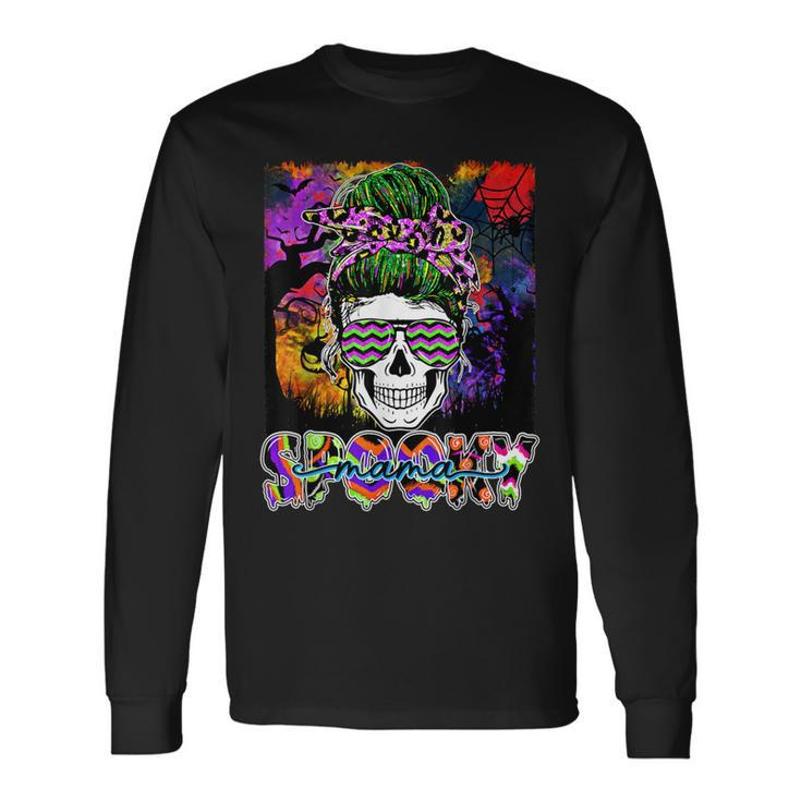 Spooky Mama Halloween Costume Witch Skull Messy Bun Leopard Long Sleeve T-Shirt