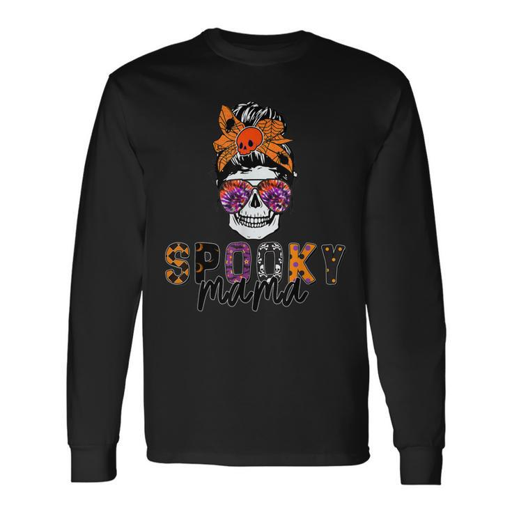 Spooky Mama Skull Halloween Messy Bun Witch Long Sleeve T-Shirt