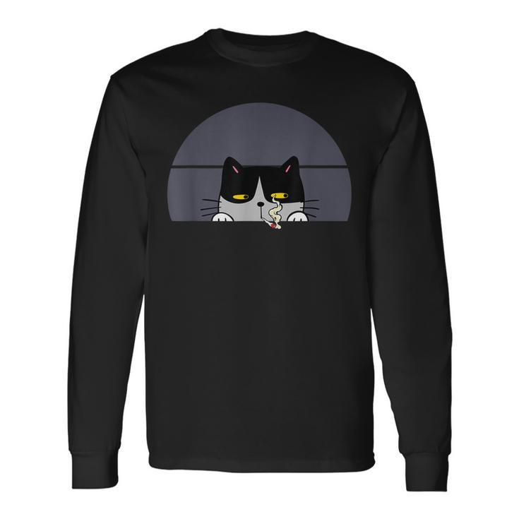 Stoned Black Cat Smoking And Peeking Sideways With Cannabis Long Sleeve T-Shirt