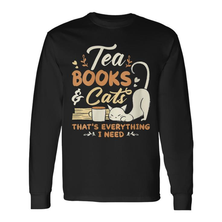 Tea Books And Cats Cat Book Lovers Reading Book Long Sleeve T-Shirt