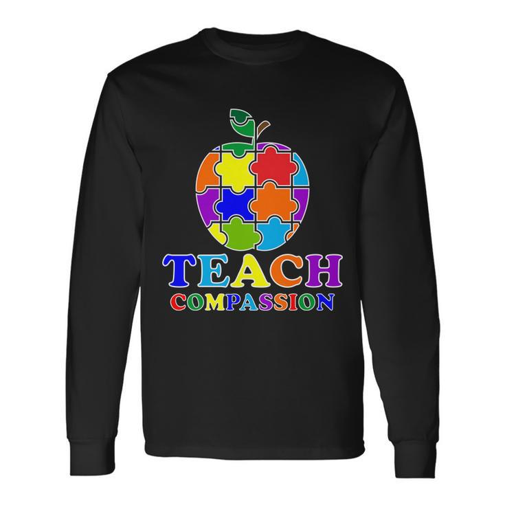 Teach Compassion Autism Awareness Teacher Apple Puzzle Long Sleeve T-Shirt
