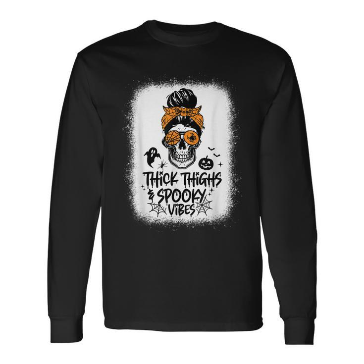 Thick Thighs & Spooky Vibes Skull Messy Bun Halloween Long Sleeve T-Shirt