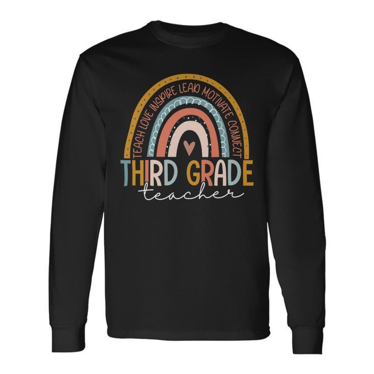 Third Grade Teacher Teach Love Inspire Boho Rainbow Long Sleeve T-Shirt Gifts ideas