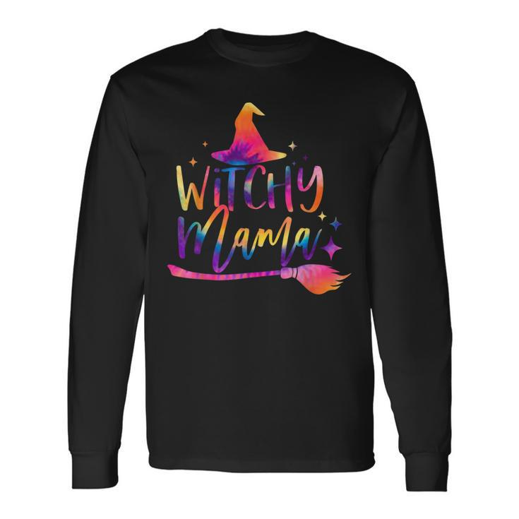 Tie Dye Witchy Mama Witch Hat Broom Spooky Mama Halloween Long Sleeve T-Shirt