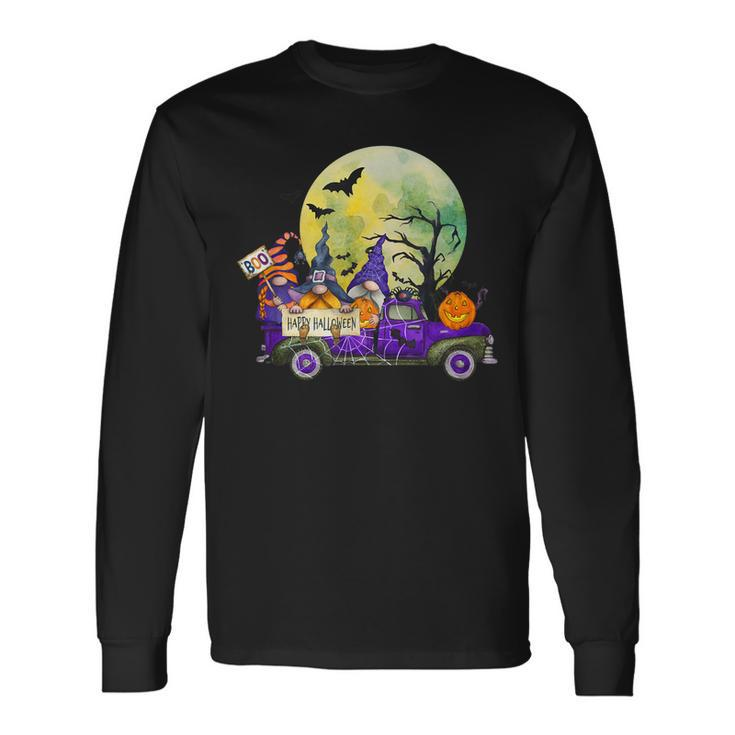 Truck With Cute Gnomes And Pumpkins In Halloween Long Sleeve T-Shirt