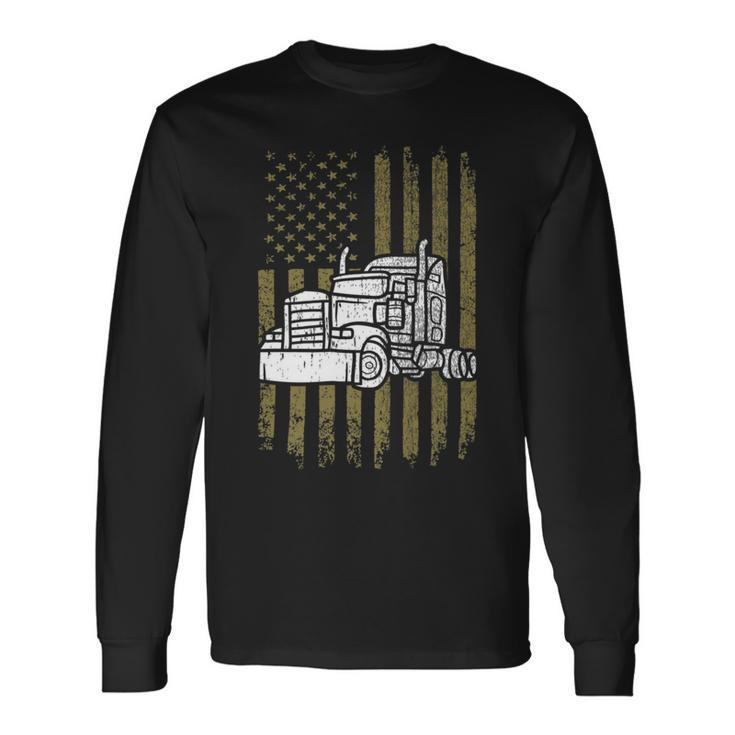 Trucker Trucker Vintage American Flag Semi Truck Driver Patriotic Long Sleeve T-Shirt