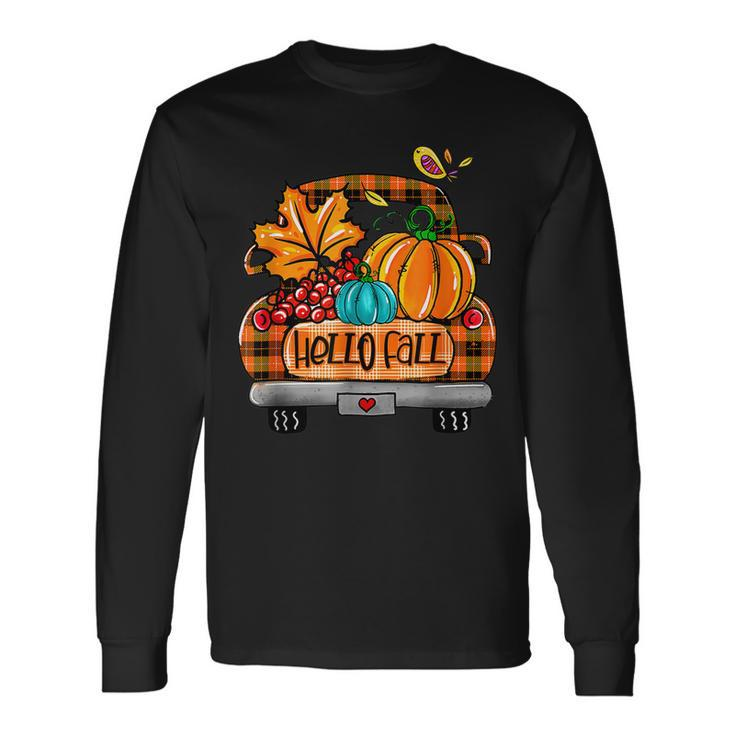 Vintage Hello Fall Pumpkin Truck Fall Truck Fall Vibes Men Women Long Sleeve T-Shirt T-shirt Graphic Print