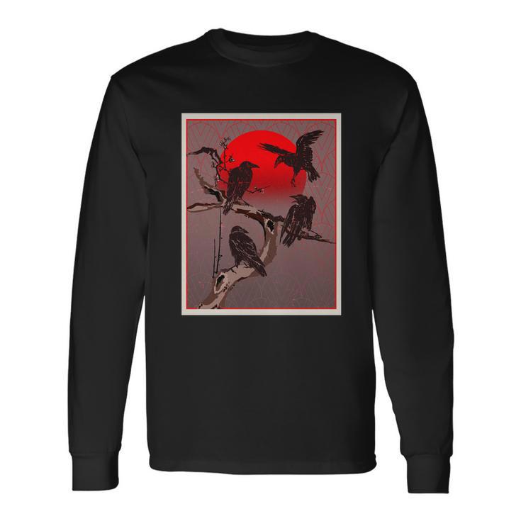 Vintage Japanese Raven Crow Red Moon Long Sleeve T-Shirt