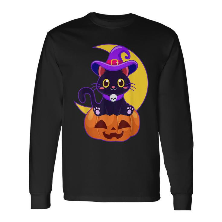 Vintage Scary Halloween Black Cat Costume Witch Hat & Moon Long Sleeve T-Shirt