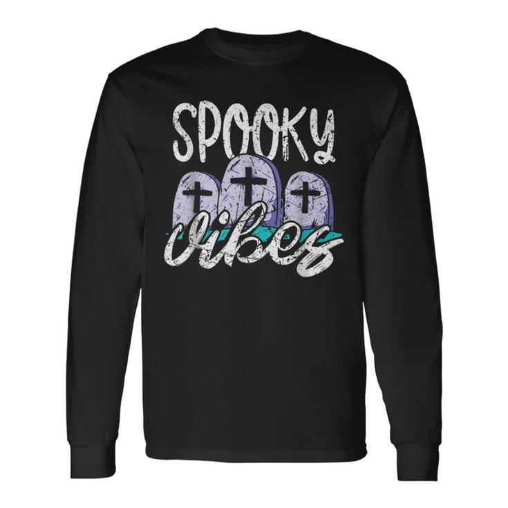 Vintage Spooky Vibes Halloween Art Cemetery Tombstones Long Sleeve T-Shirt Gifts ideas