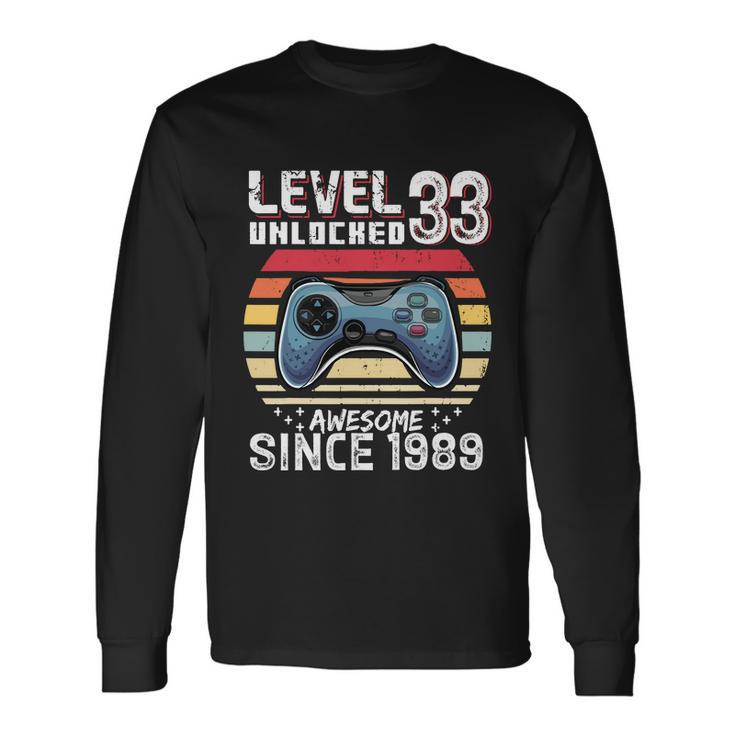 Vintage Video Gamer Birthday Level 33 Unlocked 33Rd Birthday Long Sleeve T-Shirt