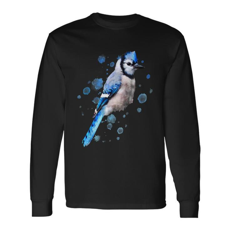 Watercolor Blue Jay Bird Artistic Animal Artsy Painting Long Sleeve T-Shirt