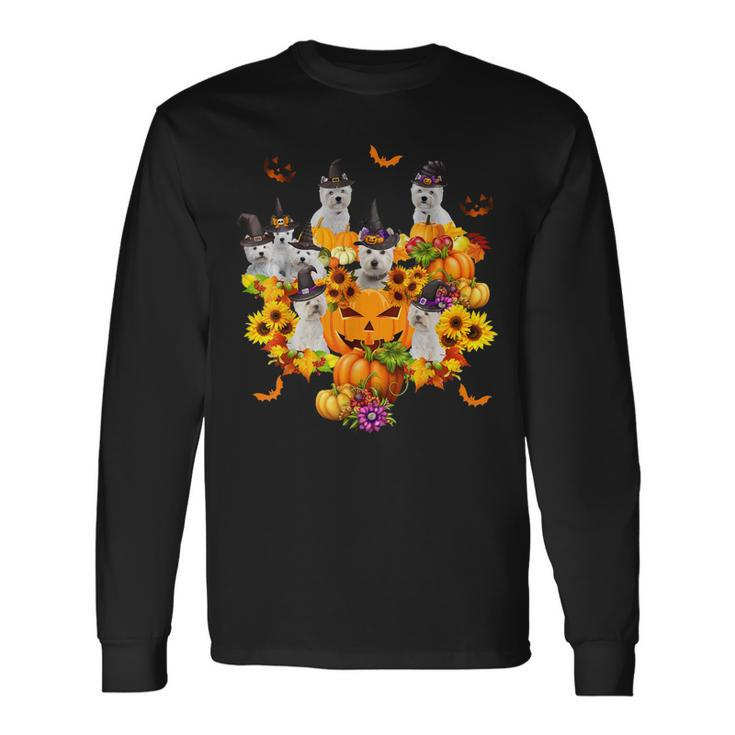 Westie Witch Heart Pumpkin Sunflower Halloween Thanksgiving Long Sleeve T-Shirt