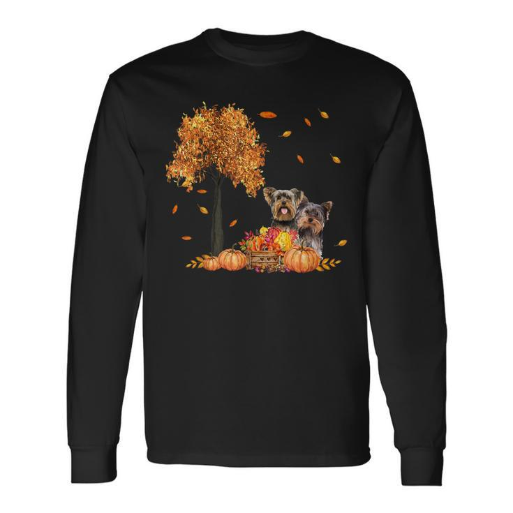 Yorkies Autumn Leaf Fall Dog Lover Thanksgiving Halloween Long Sleeve T-Shirt