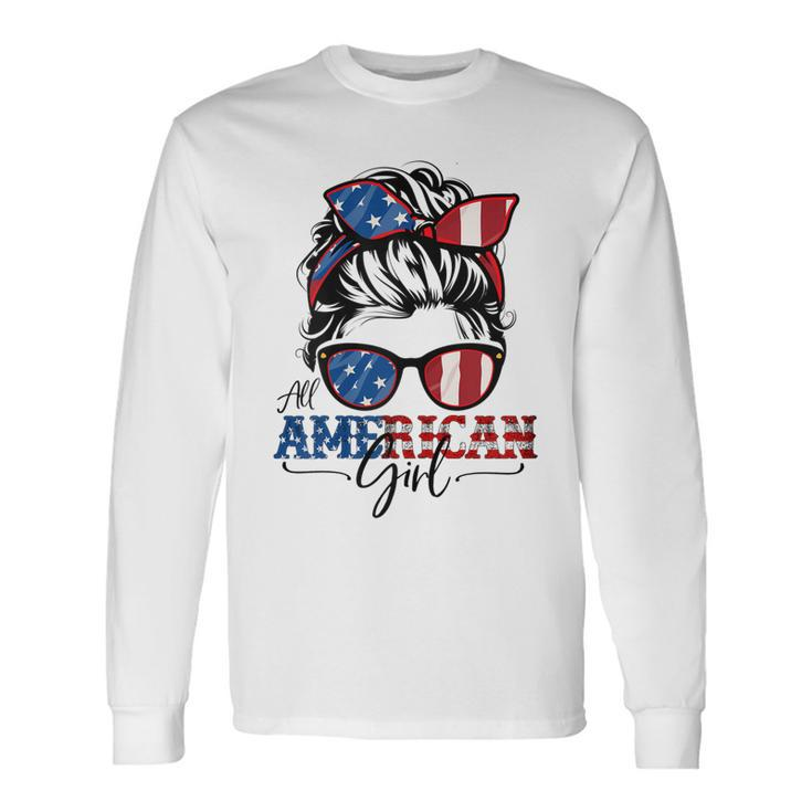 All American Girl 4Th Of July Women Messy Bun Usa Flag V2 Long Sleeve T-Shirt