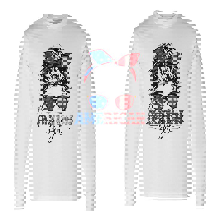 All American Girl 4Th Of July Women Messy Bun Usa Flag V2 Long Sleeve T-Shirt