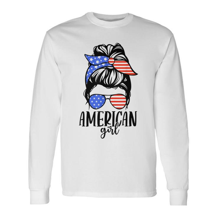 American Girl Messy Hair Bun Usa Flag Patriotic 4Th Of July Long Sleeve T-Shirt