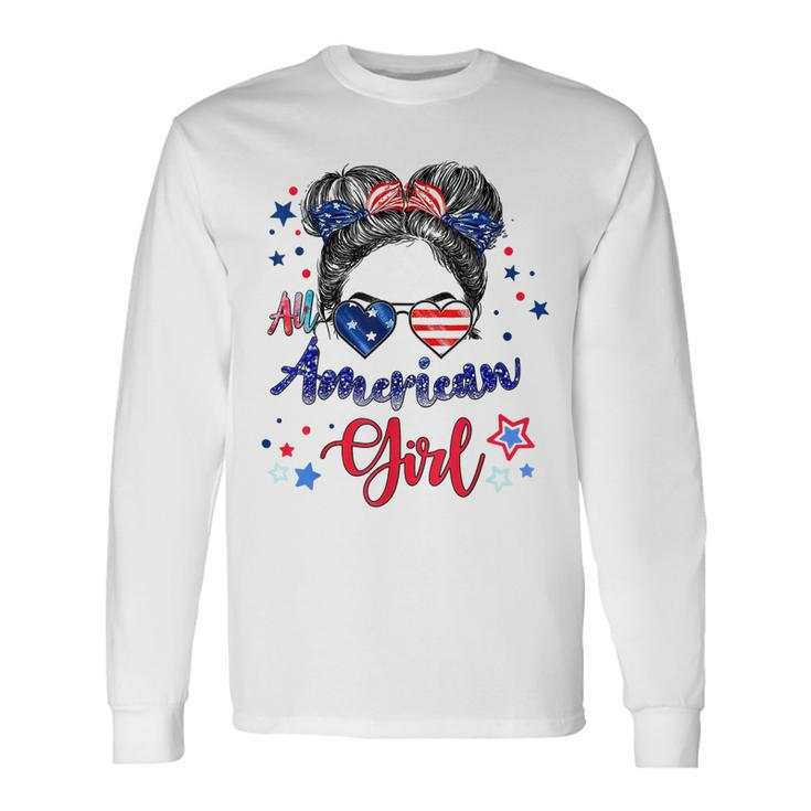 All American Girls 4Th Of July Daughter Messy Bun Usa V7 Long Sleeve T-Shirt