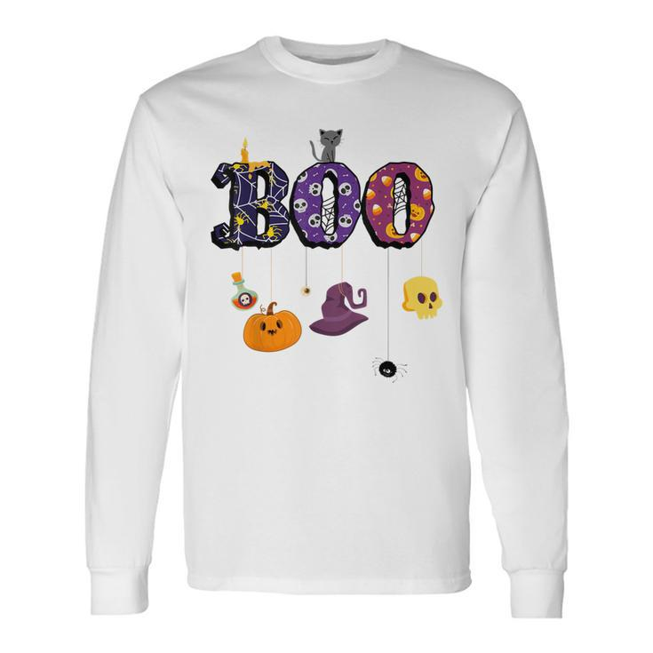 Boo Halloween Costume Spiders Ghosts Pumkin & Witch Hat V2 Long Sleeve T-Shirt