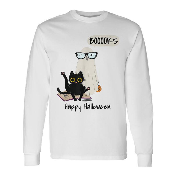 Book Lover Halloween Boooks Ghost Boo And Black Cat Cute Long Sleeve T-Shirt