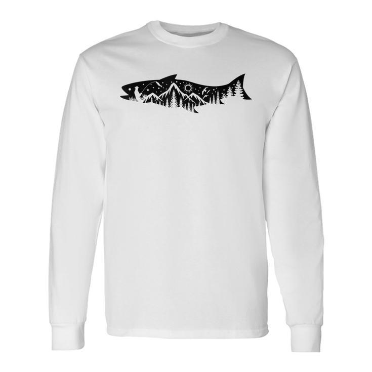 Fishing Forest Mountain Silhouette Outdoor Adventure Fishing Men Women Long Sleeve T-Shirt T-shirt Graphic Print