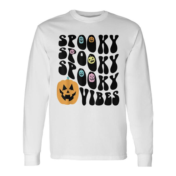 Groovy Spooky Vibes Scary Pumpkin Face Halloween Long Sleeve T-Shirt