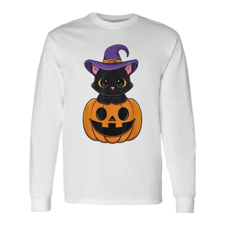 Halloween Cute Black Cat Witch Hat Pumpkin For Girls Long Sleeve T-Shirt