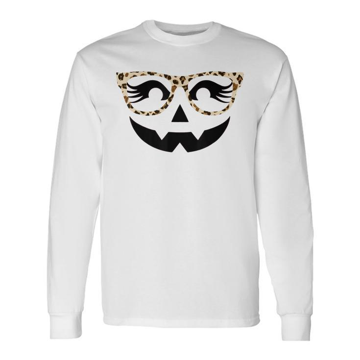 Halloween Jack O Lantern Face Pumpkin Leopard Glasses Decor Long Sleeve T-Shirt