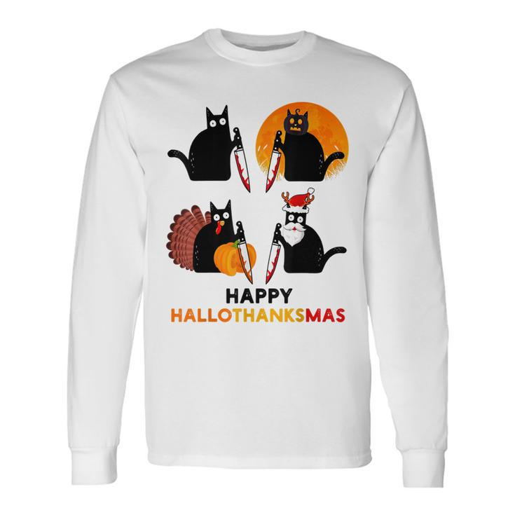 Happy Hallothanksmas Black Cat Halloween Thanksgiving Long Sleeve T-Shirt