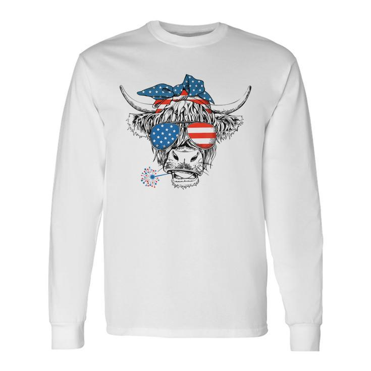 Highland Cow Us Flag Glasses Patriotic July 4Th Men Women Long Sleeve T-Shirt T-shirt Graphic Print