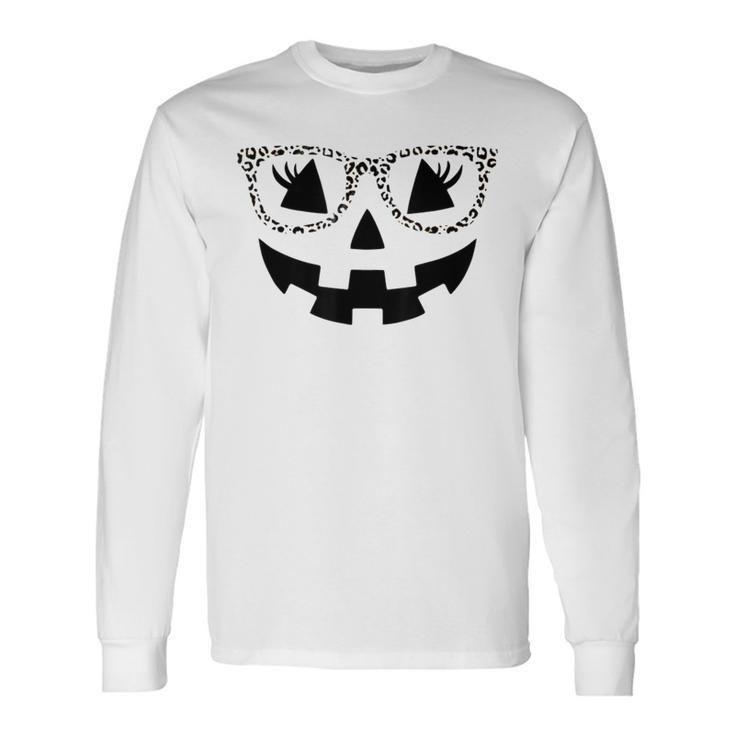 Jack O Lantern Face Pumpkin Halloween Leopard Print Glasses Long Sleeve T-Shirt
