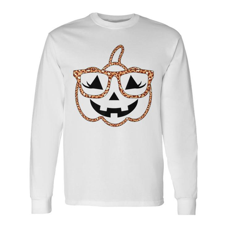 Jack O Lantern Face Pumpkin Halloween Leopard Print Glasses V4 Long Sleeve T-Shirt