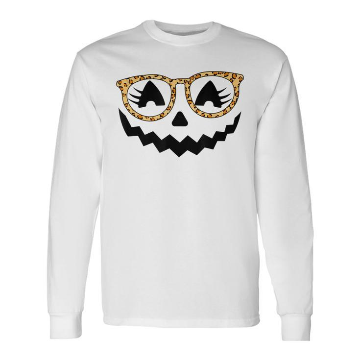 Jack O Lantern Face Pumpkin Halloween Leopard Print Glasses V5 Long Sleeve T-Shirt