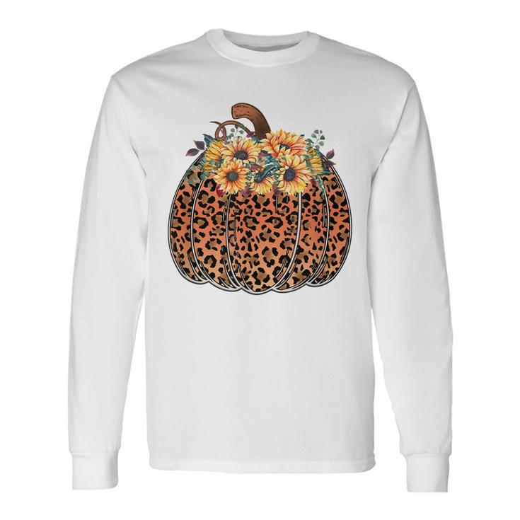Leopard Pumpkin Halloween Sunflowers Thanksgiving Long Sleeve T-Shirt
