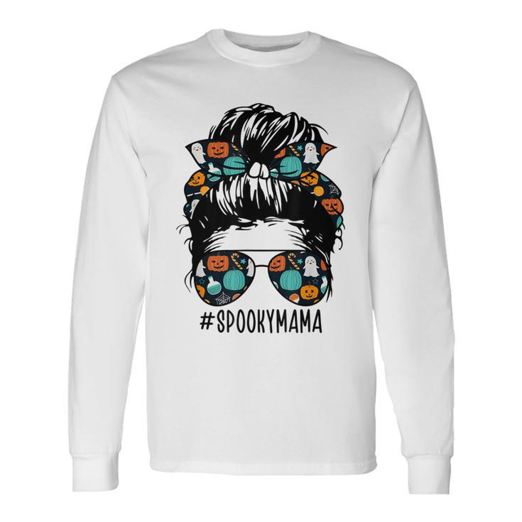 Messy Bun Halloween Ghost Bandana Sunglasses Spooky Mama Long Sleeve T-Shirt