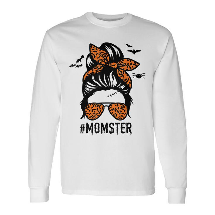 Mom Messy Bun Halloween Leopard Momster Spooky Long Sleeve T-Shirt