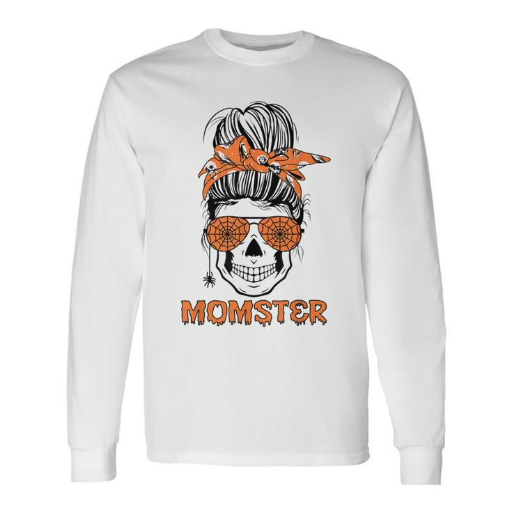 Momster Halloween Costume Skull Mom Messy Hair Bun Long Sleeve T-Shirt Gifts ideas