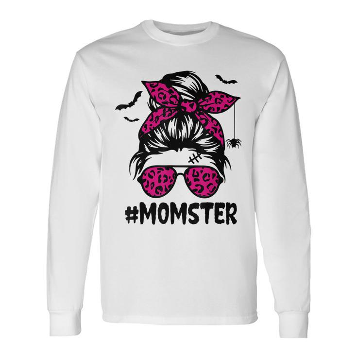 Momster For Women Halloween Mom Messy Bun Leopard Long Sleeve T-Shirt