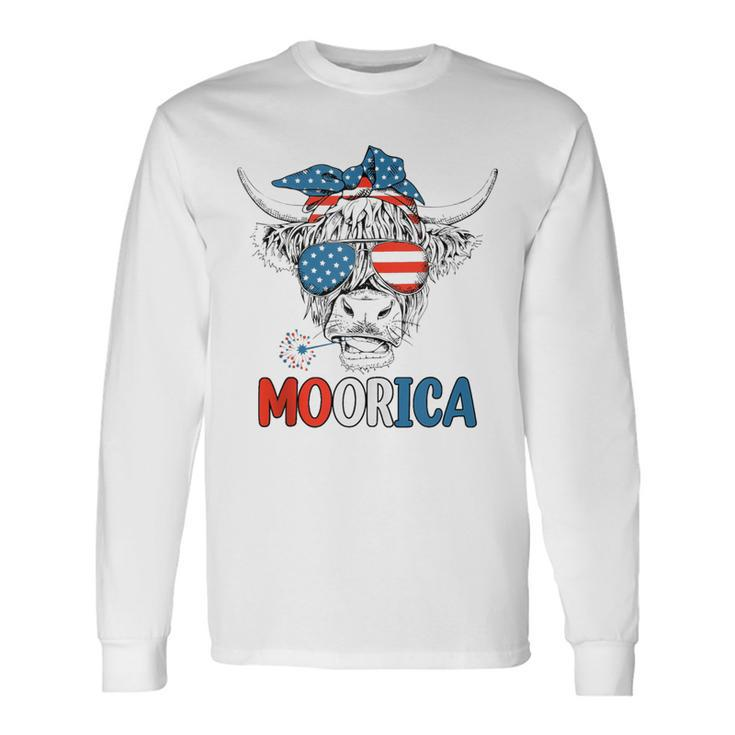 Moorica 4Th Of July American Flag Highland Cow Long Sleeve T-Shirt