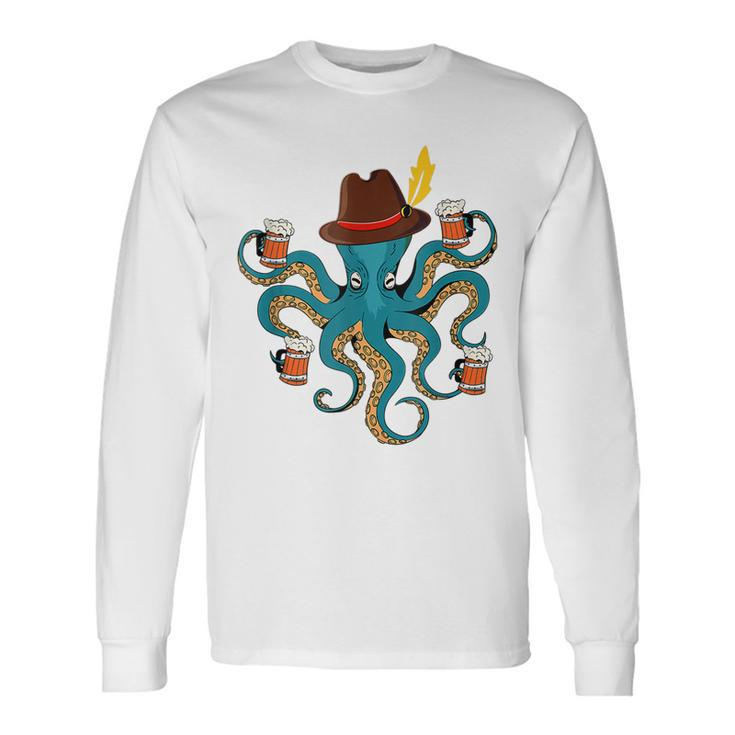 Oktoberfest Octopus With Beer German Hat Oktoberfest Men Women Long Sleeve T-Shirt T-shirt Graphic Print