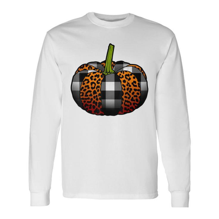 Plaid Pumpkin Leopard Buffalo Check Pumpkin Fall Halloween Long Sleeve T-Shirt